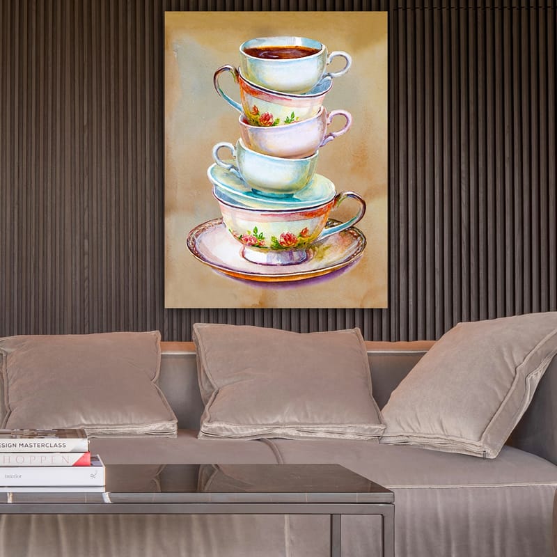 Canvas taulu 70x100 cm - Pino värikkäitä teekuppeja, joiden pohjalla on kulho - Sininen / Vaaleanpunainen / Beige - Sisustustuotteet - Taulu & taide - Canvas-taulu