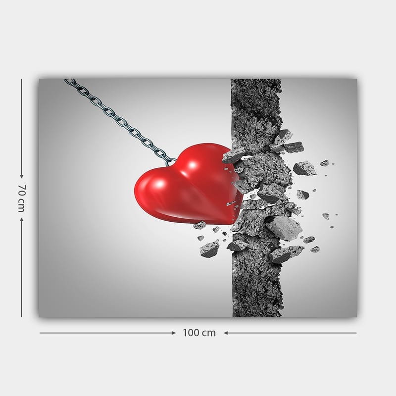 Canvas taulu 70x100 cm - Punainen sydän murtautuu betoniseinän läpi - Punainen / Harmaa - Sisustustuotteet - Taulu & taide - Canvas-taulu