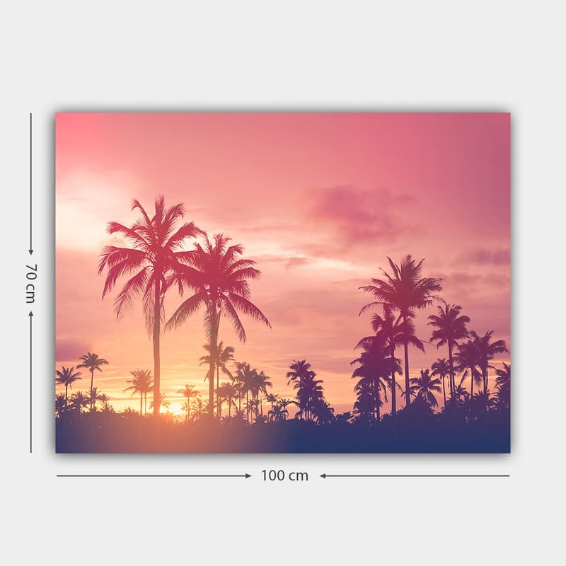 Canvas taulu 70x100 cm - Palmujen siluetit värikkään auringonlaskun aikaan - Vaaleanpunainen / Violetti / Musta - Sisustustuotteet - Taulu & taide - Canvas-taulu