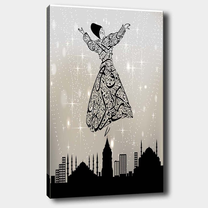 Canvas taulu 70x100 cm - Perinteisissä asuissa kelluvia tanssijoita kaupungin siluetin ympäröimänä - Musta / Valkoinen / Harmaa - Sisustustuotteet - Taulu & taide - Canvas-taulu