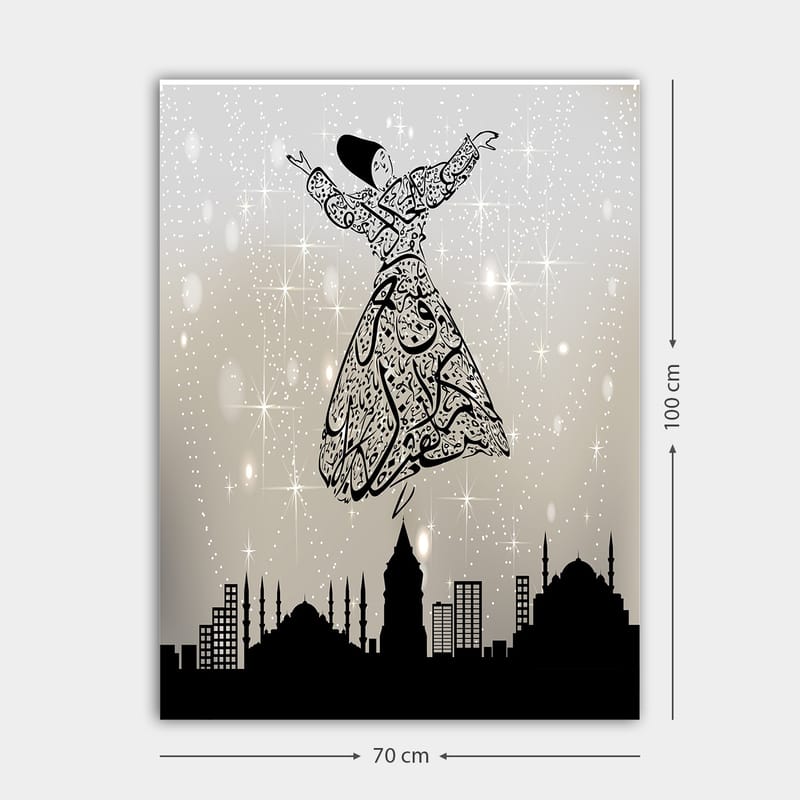 Canvas taulu 70x100 cm - Perinteisissä asuissa kelluvia tanssijoita kaupungin siluetin ympäröimänä - Musta / Valkoinen / Harmaa - Sisustustuotteet - Taulu & taide - Canvas-taulu