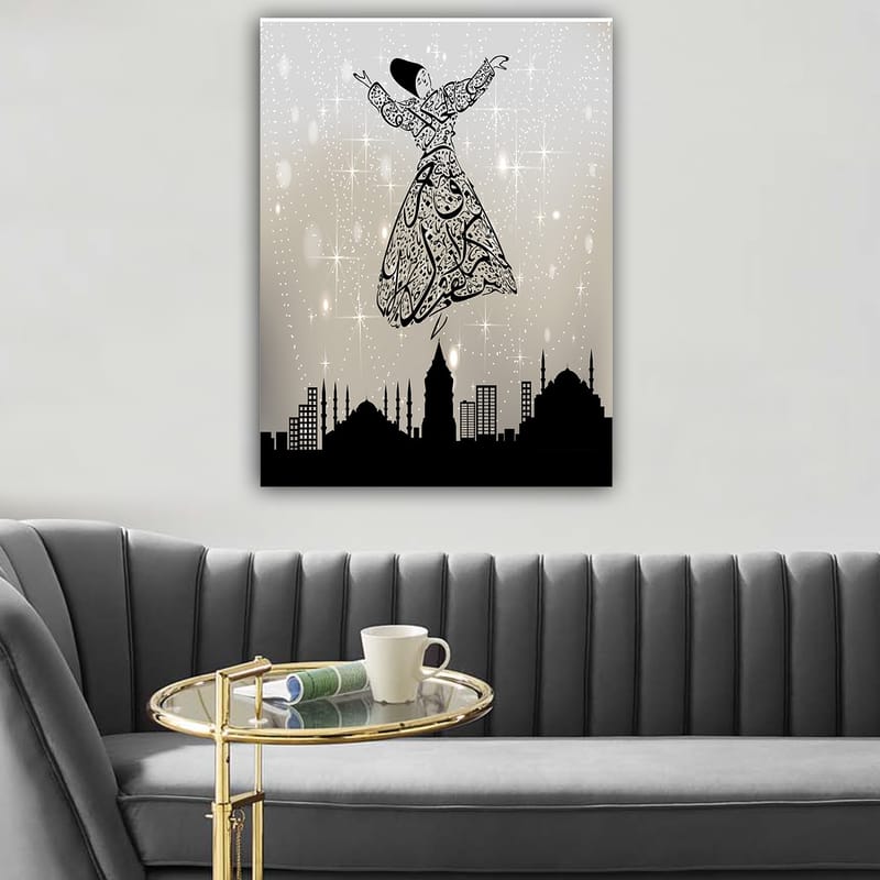 Canvas taulu 70x100 cm - Perinteisissä asuissa kelluvia tanssijoita kaupungin siluetin ympäröimänä - Musta / Valkoinen / Harmaa - Sisustustuotteet - Taulu & taide - Canvas-taulu