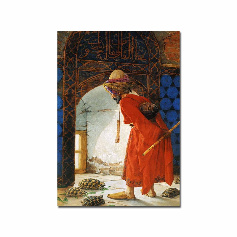 Canvas taulu 70x100 cm - Punakaapuinen mies seisoo oviaukolla ja katsoo lattialla olevia kilpikonnia, Punainen / Sininen / Beige