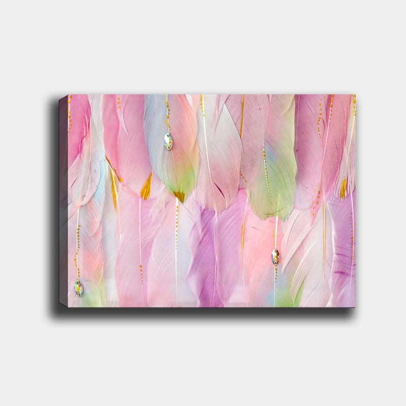 Canvas taulu 70x100 cm - Pehmeät höyhenet pastelliväreissä, jotka luovat unenomaisen tunnelman, Vaaleanpunainen / Mintunvihreä / Kulta