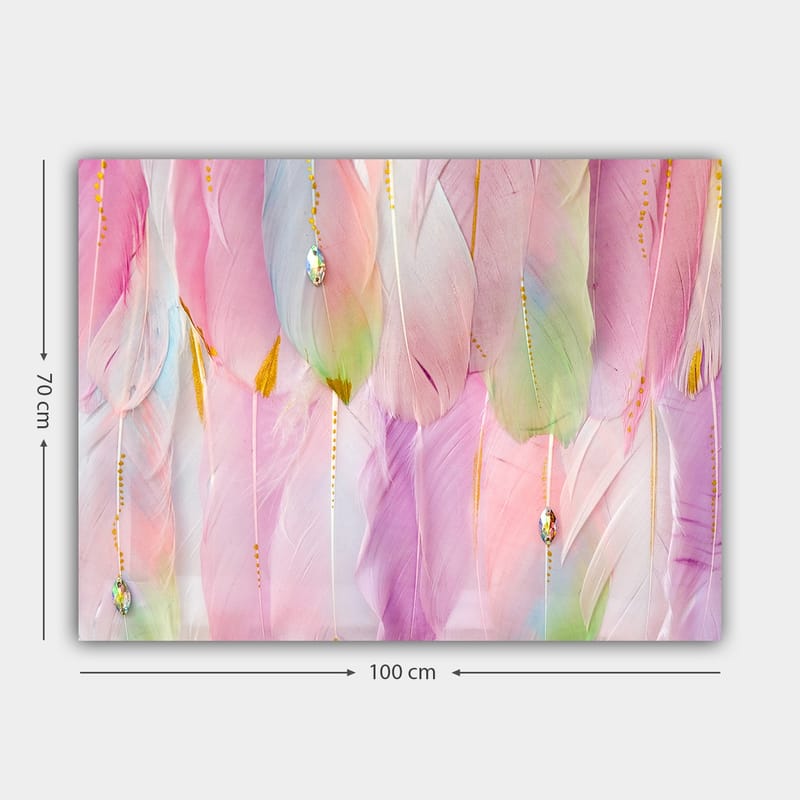 Canvas taulu 70x100 cm - Pehmeät höyhenet pastelliväreissä, jotka luovat unenomaisen tunnelman - Vaaleanpunainen / Mintunvihreä / Kulta - Sisustustuotteet - Taulu & taide - Canvas-taulu