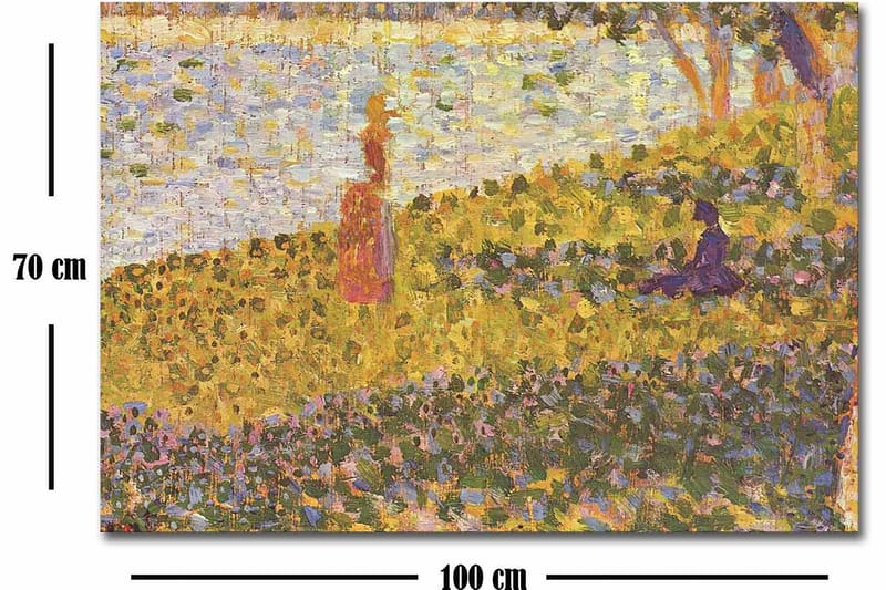 Canvas taulu 70x100 cm - Punamekkoinen nainen seisoo kukkivalla niityllä järven rannalla - Keltainen / Violetti / Vihreä - Sisustustuotteet - Taulu & taide - Canvas-taulu