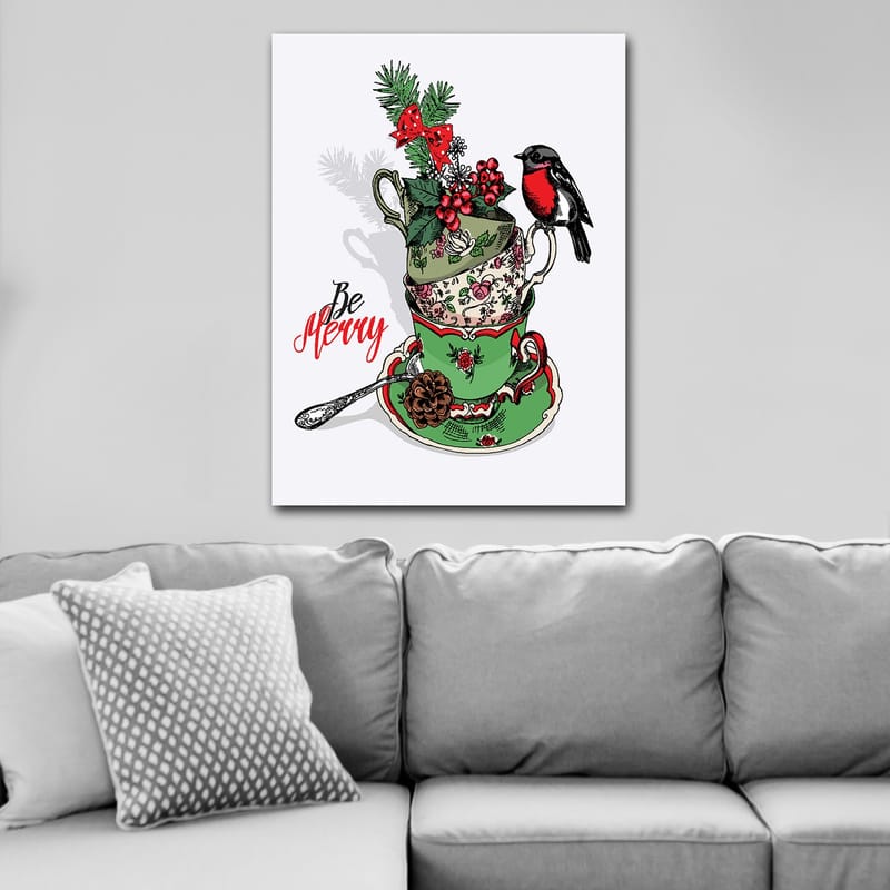 Canvas taulu 70x100 cm - Pino koristeltuja teekuppeja, joissa on jouluaiheisia elementtejä ja lintu - Vihreä / Punainen / Musta - Sisustustuotteet - Taulu & taide - Canvas-taulu