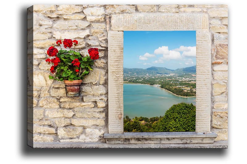 Canvas taulu 70x100 cm - Punaisia kukkia sisältävä kukkaruukku kallioseinällä, joka kehystää kauniin näkymän merelle ja maisemaan - Punainen / Vihreä / Beige - Sisustustuotteet - Taulu & taide - Canvas-taulu