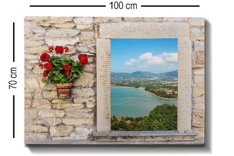 Canvas taulu 70x100 cm - Punaisia kukkia sisältävä kukkaruukku kallioseinällä, joka kehystää kauniin näkymän merelle ja maisemaan - Punainen / Vihreä / Beige - Sisustustuotteet - Taulu & taide - Canvas-taulu