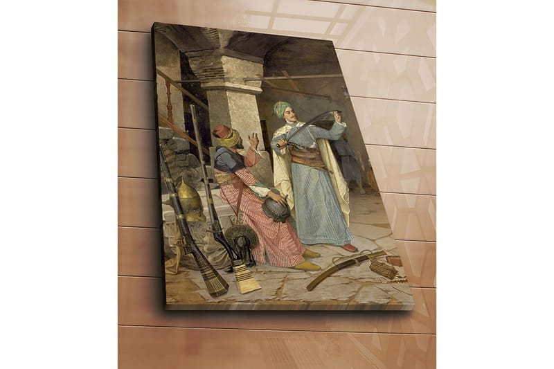 Canvas taulu 70x100 cm - Perinteisiin vaatteisiin pukeutunut mies esittelee miekkaa, värikkäisiin vaatteisiin pukeutunut nainen katsoo kiinnostuneena - Sininen / Punainen / Vihreä - Sisustustuotteet - Taulu & taide - Canvas-taulu