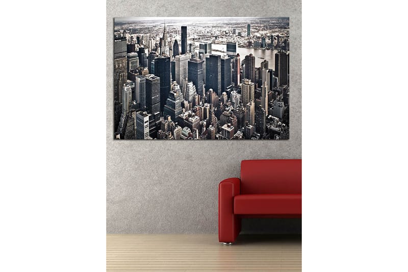Canvas taulu 70x100 cm - Panoraamanäkymä kaupunkiin korkeine pilvenpiirtäjineen ja vilkkaineen - Musta / Harmaa / Valkoinen - Sisustustuotteet - Taulu & taide - Canvas-taulu