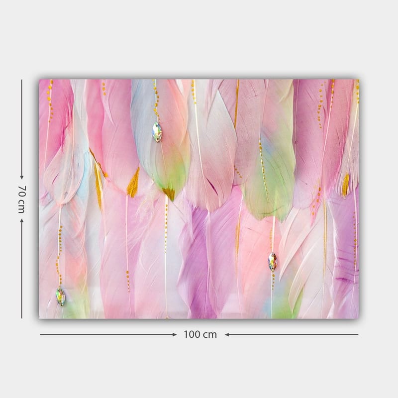 Canvas taulu 70x100 cm - Pehmeät höyhenet pastelliväreissä, jotka luovat unenomaisen tunnelman - Vaaleanpunainen / Mintunvihreä / Kulta - Sisustustuotteet - Taulu & taide - Canvas-taulu