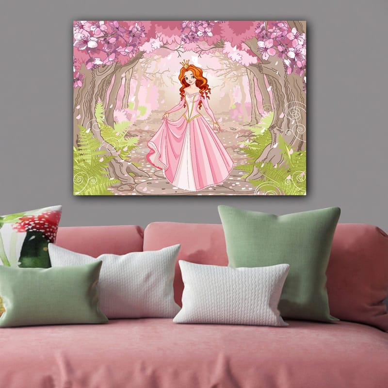 Canvas taulu 70x100 cm - Prinsessa vaaleanpunaisessa mekossa kävelee kukkivan metsän läpi - Vaaleanpunainen / Vihreä / Ruskea - Sisustustuotteet - Taulu & taide - Canvas-taulu