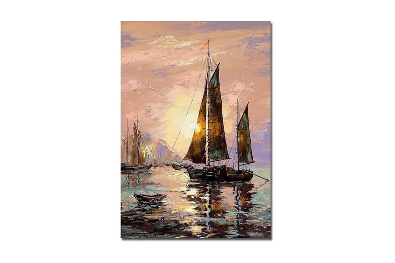 Canvas taulu 70x100 cm - Purjeveneet auringonlaskussa meren rannalla, Tummanruskea / Kulta / Vaaleanpunainen