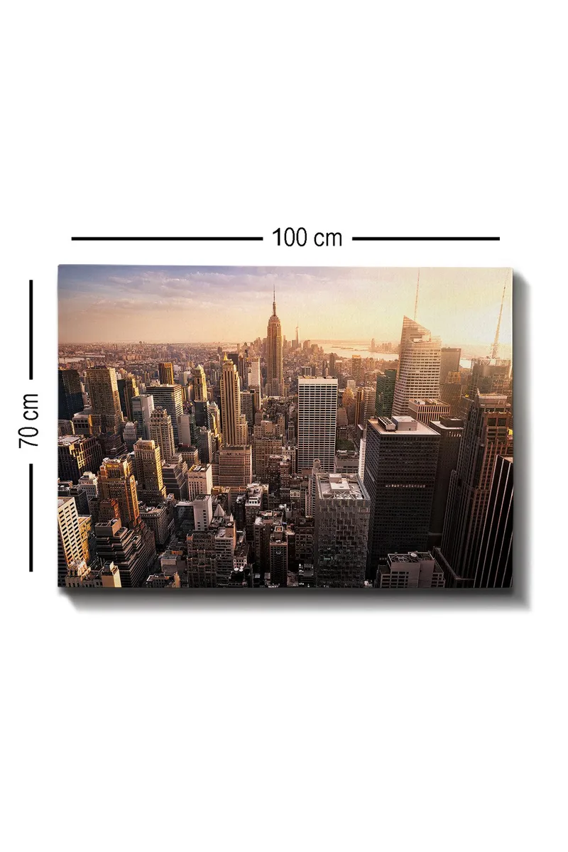 Canvas taulu 70x100 cm - Panoraamanäkymä kaupunkiin pilvenpiirtäjineen ja ikoniseen Empire State Buildingiin auringonlaskun aikaan - Kulta / Harmaa / Sininen - Sisustustuotteet - Taulu & taide - Canvas-taulu