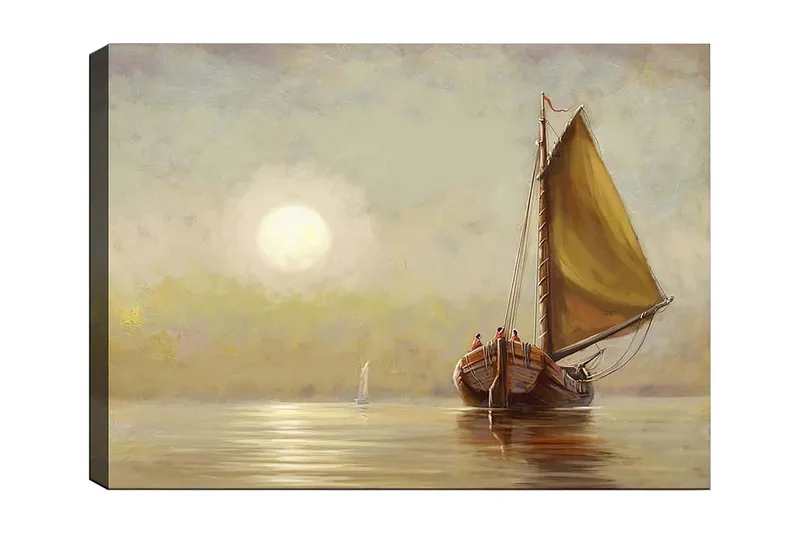 Canvas taulu 70x100 cm - Purjevene ruskeilla yksityiskohdilla ja suurella keltaisella purjeella tyynessä järvessä pehmeän auringonnousun aikana, Keltainen / Ruskea / Beige