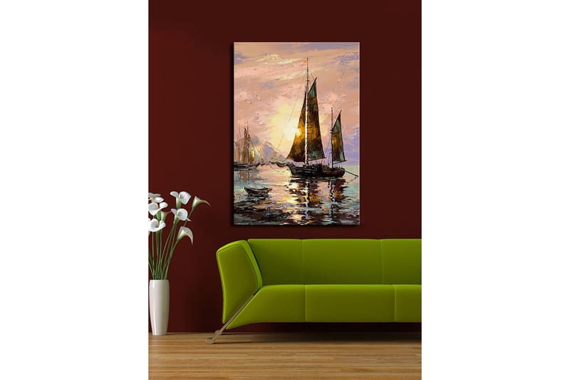 Canvas taulu 70x100 cm - Purjeveneet auringonlaskussa meren rannalla - Tummanruskea / Kulta / Vaaleanpunainen - Sisustustuotteet - Taulu & taide - Canvas-taulu