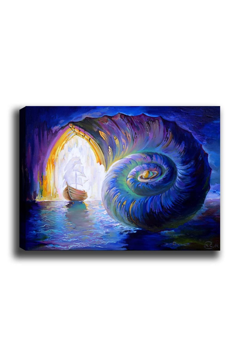 Canvas taulu 70x100 cm - Purjevene navigoi suuren kuoren läpi, joka avautuu kirkkaampaan maailmaan, Sininen / Vihreä / Violetti