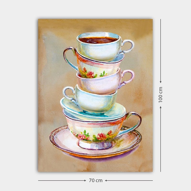 Canvas taulu 70x100 cm - Pino värikkäitä teekuppeja, joiden pohjalla on kulho - Sininen / Vaaleanpunainen / Beige - Sisustustuotteet - Taulu & taide - Canvas-taulu