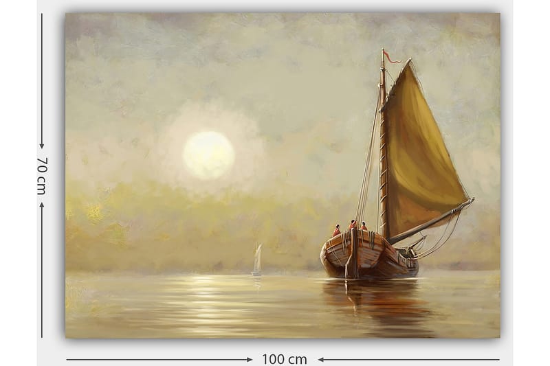 Canvas taulu 70x100 cm - Purjevene ruskeilla yksityiskohdilla ja suurella keltaisella purjeella tyynessä järvessä pehmeän auringonnousun aikana - Keltainen / Ruskea / Beige - Sisustustuotteet - Taulu & taide - Canvas-taulu
