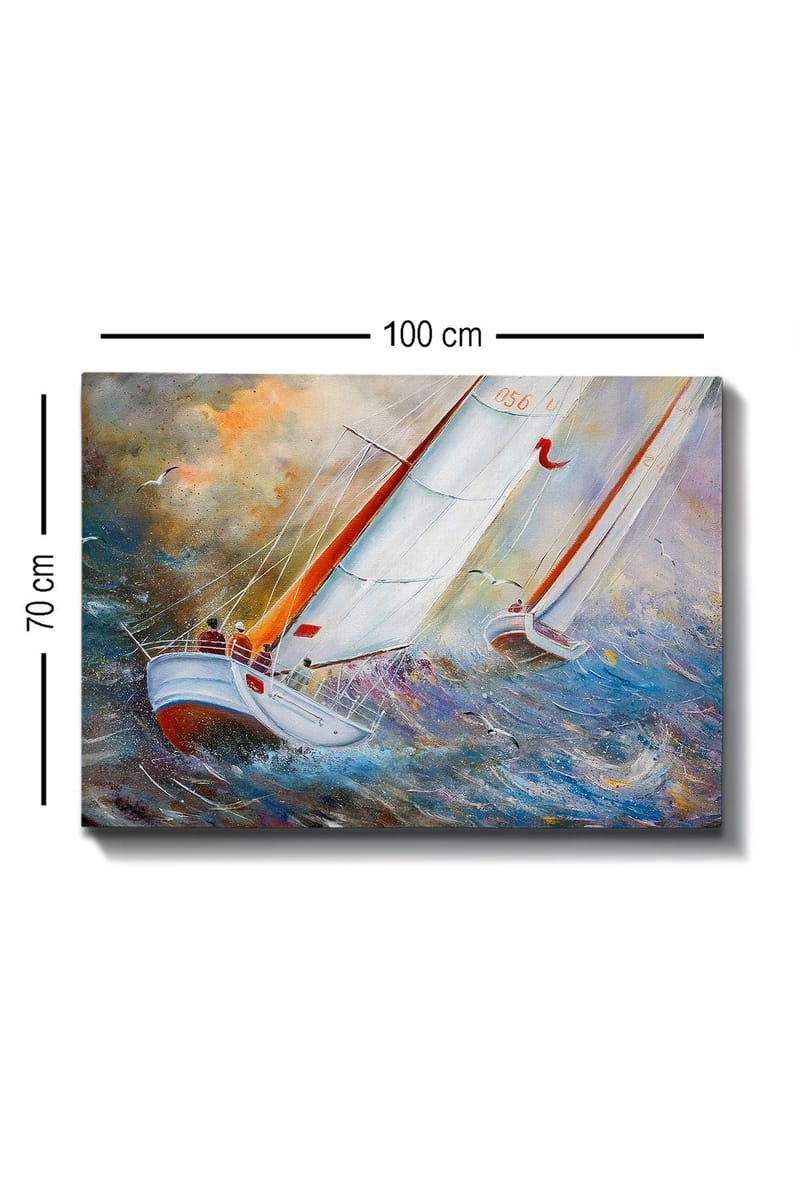 Canvas taulu 70x100 cm - Purjeveneet navigoivat raskaiden aaltojen läpi dramaattisessa meriympäristössä - Valkoinen / Oranssi / Sininen - Sisustustuotteet - Taulu & taide - Canvas-taulu