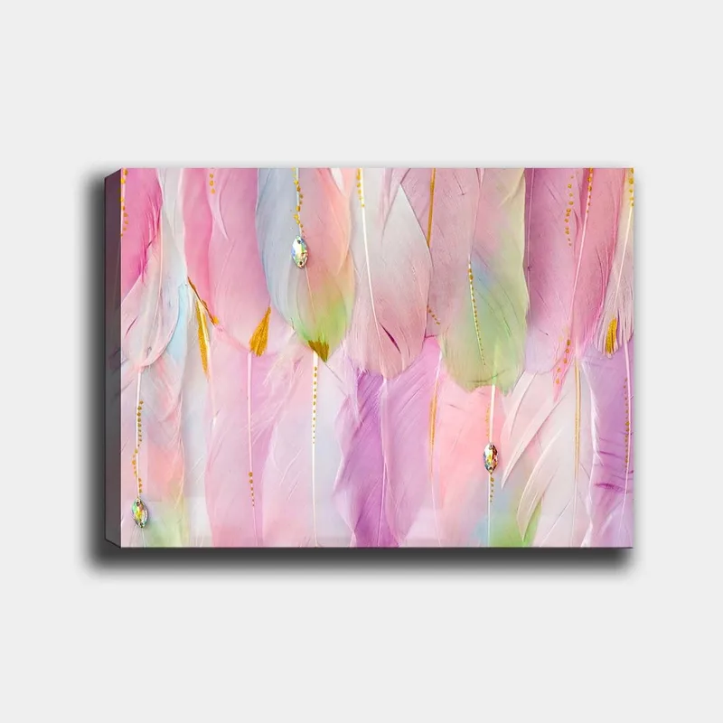 Canvas taulu 70x100 cm - Pehmeät höyhenet pastelliväreissä, jotka luovat unenomaisen tunnelman, Vaaleanpunainen / Mintunvihreä / Kulta