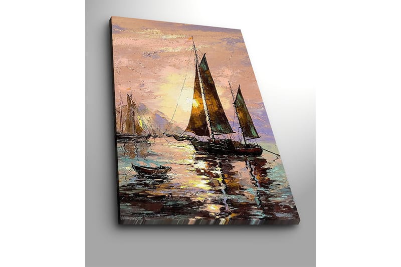 Canvas taulu 70x100 cm - Purjeveneet auringonlaskussa meren rannalla - Tummanruskea / Kulta / Vaaleanpunainen - Sisustustuotteet - Taulu & taide - Canvas-taulu