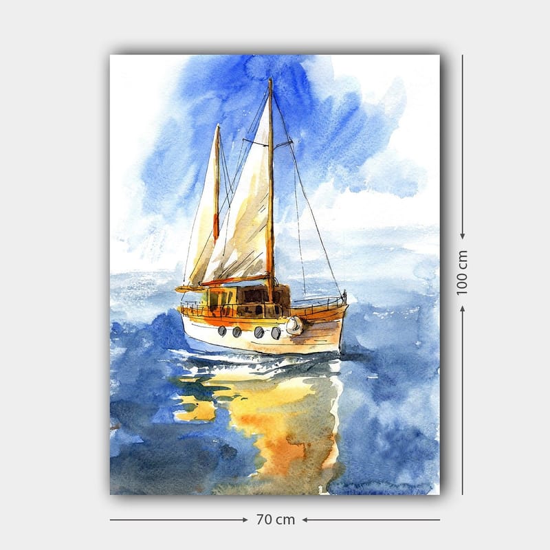 Canvas taulu 70x100 cm - Purjevene liukuu kimmeltävän veden yllä kirkkaan taivaan alla - Sininen / Valkoinen / Beige - Sisustustuotteet - Taulu & taide - Canvas-taulu