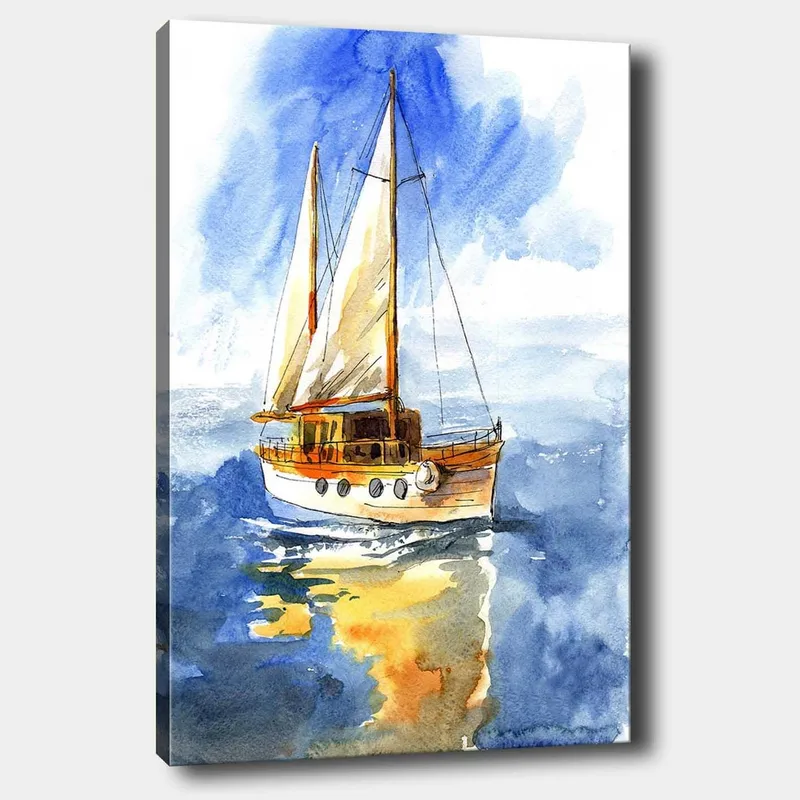 Canvas taulu 70x100 cm - Purjevene liukuu kimmeltävän veden yllä kirkkaan taivaan alla, Sininen / Valkoinen / Beige