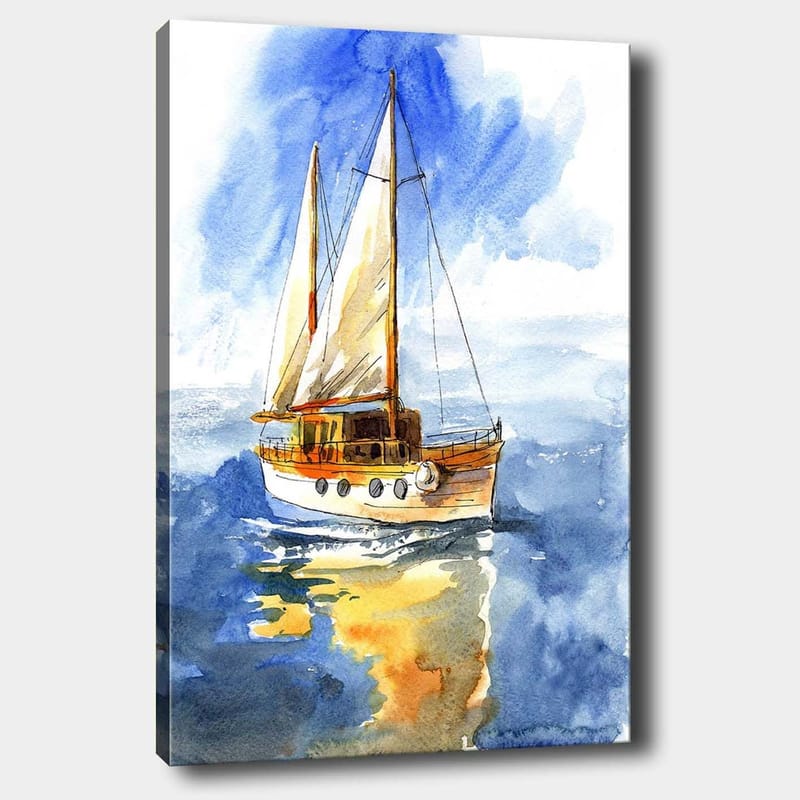 Canvas taulu 70x100 cm - Purjevene liukuu kimmeltävän veden yllä kirkkaan taivaan alla, Sininen / Valkoinen / Beige