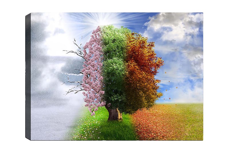 Canvas taulu 70x100 cm - Puurakennelma, joka kuvaa neljää vuodenaikaa talvesta kevääseen, siirtyen kesään ja syksyyn, Vaaleanpunainen / Vihreä / Oranssi