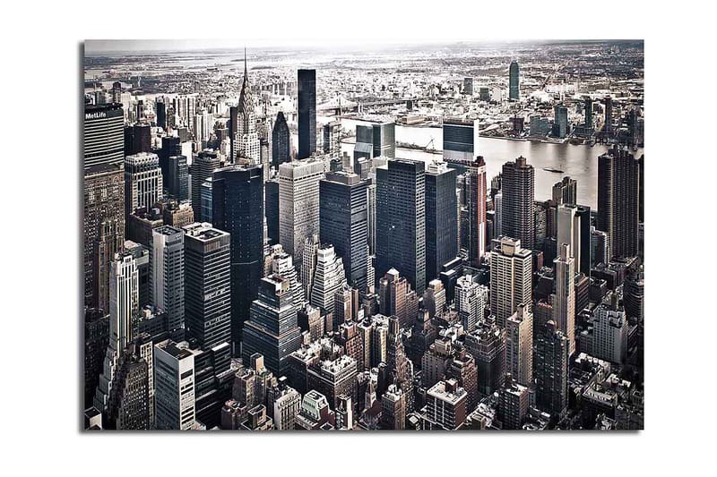 Canvas taulu 70x100 cm - Panoraamanäkymä kaupunkiin korkeine pilvenpiirtäjineen ja vilkkaineen, Musta / Harmaa / Valkoinen