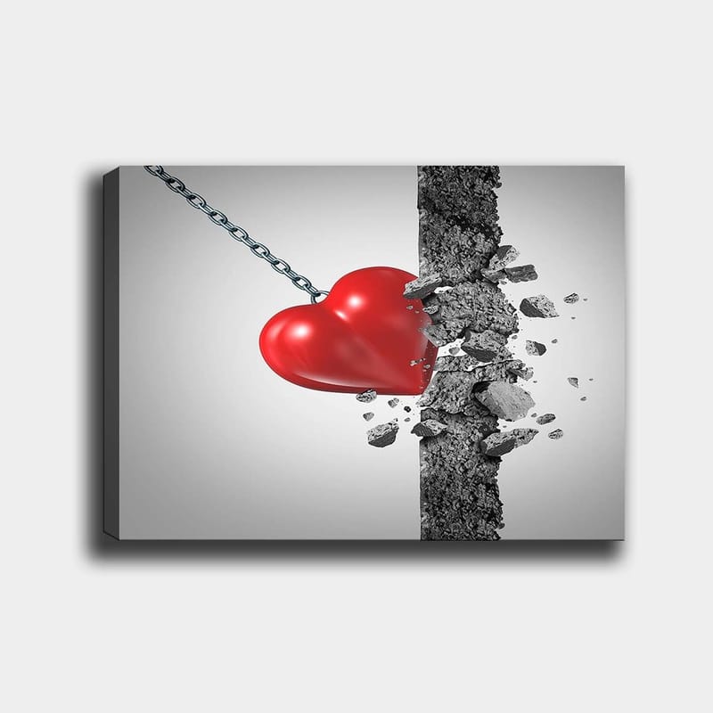 Canvas taulu 70x100 cm - Punainen sydän murtautuu betoniseinän läpi, Punainen / Harmaa