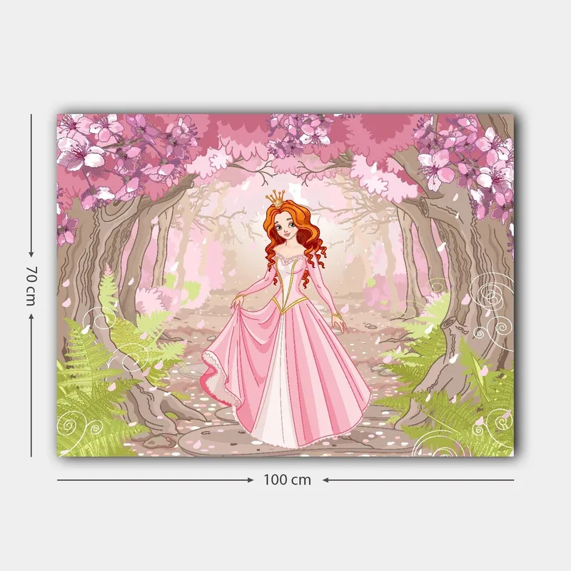 Canvas taulu 70x100 cm - Prinsessa vaaleanpunaisessa mekossa kävelee kukkivan metsän läpi - Vaaleanpunainen / Vihreä / Ruskea - Sisustustuotteet - Taulu & taide - Canvas-taulu