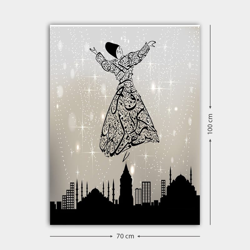 Canvas taulu 70x100 cm - Perinteisissä asuissa kelluvia tanssijoita kaupungin siluetin ympäröimänä - Musta / Valkoinen / Harmaa - Sisustustuotteet - Taulu & taide - Canvas-taulu