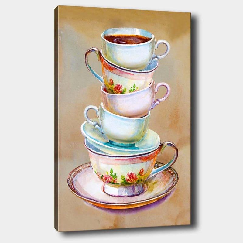 Canvas taulu 70x100 cm - Pino värikkäitä teekuppeja, joiden pohjalla on kulho, Sininen / Vaaleanpunainen / Beige