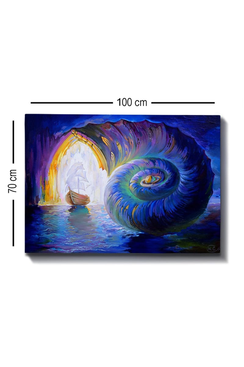 Canvas taulu 70x100 cm - Purjevene navigoi suuren kuoren läpi, joka avautuu kirkkaampaan maailmaan - Sininen / Vihreä / Violetti - Sisustustuotteet - Taulu & taide - Canvas-taulu