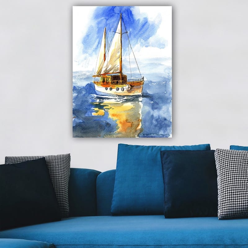 Canvas taulu 70x100 cm - Purjevene liukuu kimmeltävän veden yllä kirkkaan taivaan alla - Sininen / Valkoinen / Beige - Sisustustuotteet - Taulu & taide - Canvas-taulu