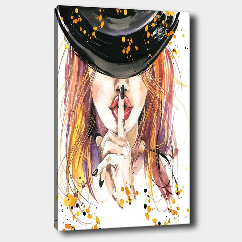 Canvas taulu 70x100 cm - Punatukkainen nainen pitää sormea huulillaan hiljaisuuden eleenä, Punainen / Musta / Oranssi