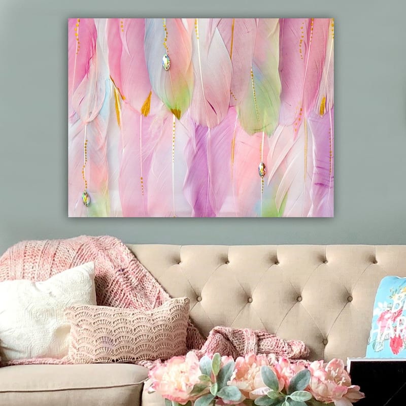 Canvas taulu 70x100 cm - Pehmeät höyhenet pastelliväreissä, jotka luovat unenomaisen tunnelman - Vaaleanpunainen / Mintunvihreä / Kulta - Sisustustuotteet - Taulu & taide - Canvas-taulu