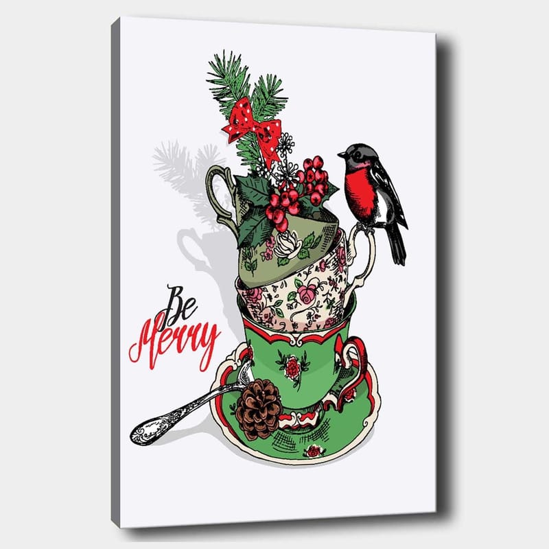 Canvas taulu 70x100 cm - Pino koristeltuja teekuppeja, joissa on jouluaiheisia elementtejä ja lintu, Vihreä / Punainen / Musta