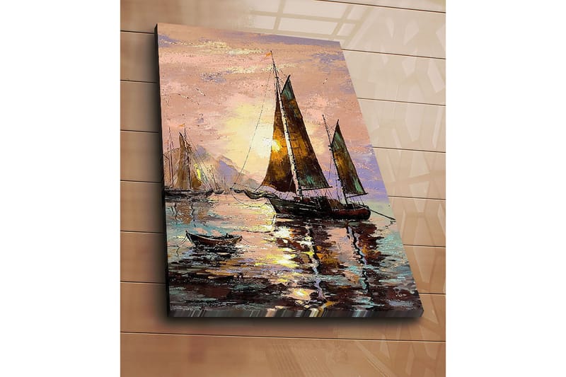 Canvas taulu 70x100 cm - Purjeveneet auringonlaskussa meren rannalla - Tummanruskea / Kulta / Vaaleanpunainen - Sisustustuotteet - Taulu & taide - Canvas-taulu