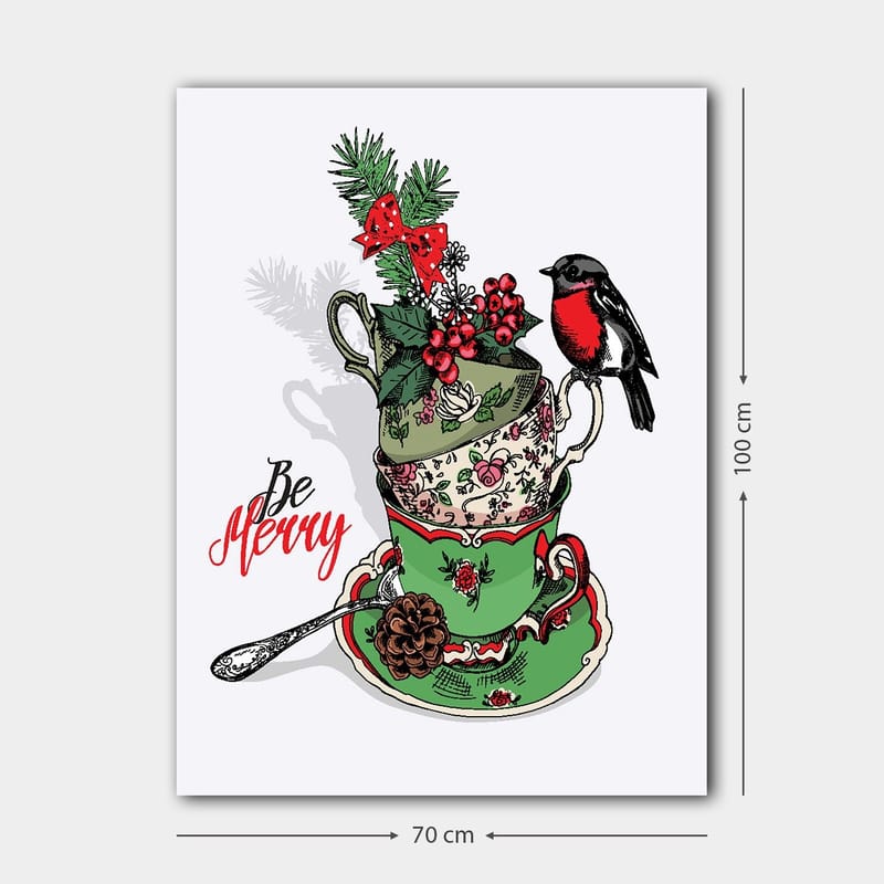 Canvas taulu 70x100 cm - Pino koristeltuja teekuppeja, joissa on jouluaiheisia elementtejä ja lintu - Vihreä / Punainen / Musta - Sisustustuotteet - Taulu & taide - Canvas-taulu