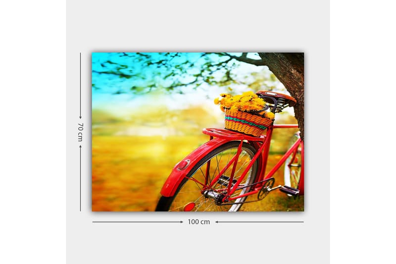 Canvas taulu 70x100 cm - Punainen polkupyörä ja kori täynnä keltaisia kukkia - Punainen / Keltainen / Vihreä - Sisustustuotteet - Taulu & taide - Canvas-taulu