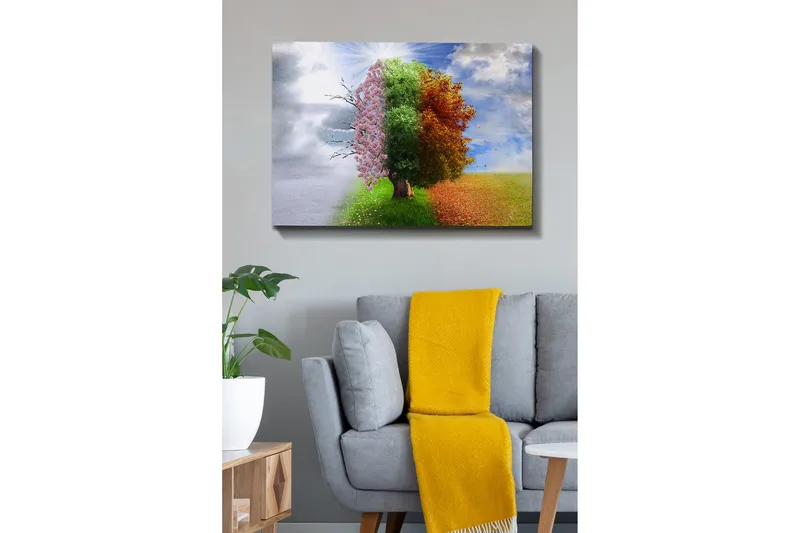 Canvas taulu 70x100 cm - Puurakennelma, joka kuvaa neljää vuodenaikaa talvesta kevääseen, siirtyen kesään ja syksyyn - Vaaleanpunainen / Vihreä / Oranssi - Sisustustuotteet - Taulu & taide - Canvas-taulu
