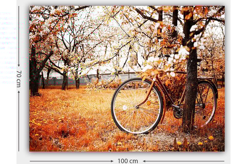 Canvas taulu 70x100 cm - Polkupyörä nojaa puuhun syksyisessä maisemassa, jossa on oransseja ja keltaisia lehtiä - Oranssi / Keltainen / Ruskea - Sisustustuotteet - Taulu & taide - Canvas-taulu