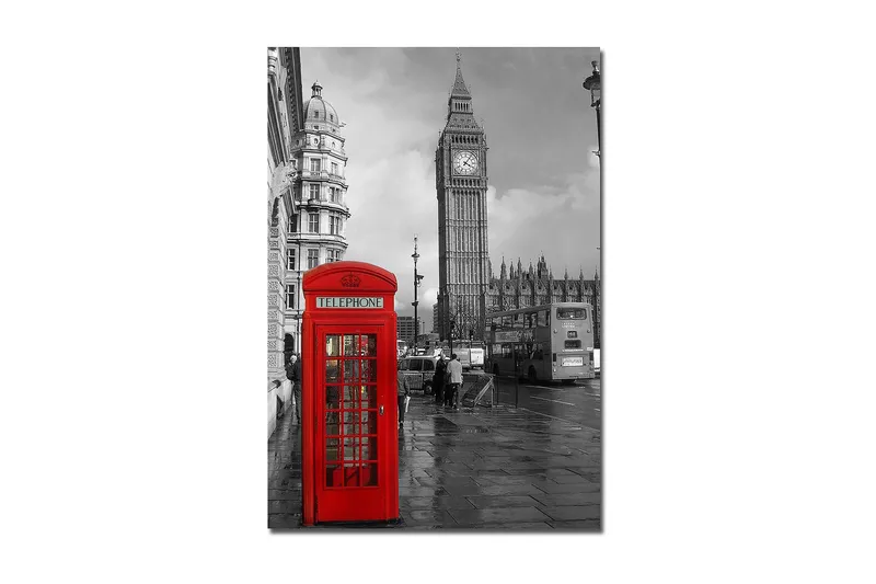 Canvas taulu 70x100 cm - Punainen puhelinkoppi ikonisen Big Benin edessä mustavalkoisessa kaupunkiympäristössä, Punainen / Musta