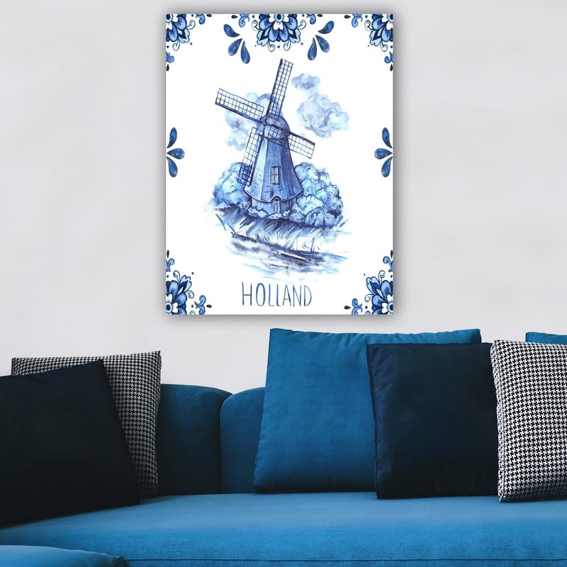 Canvas taulu 70x100 cm - Perinteinen hollantilainen tuulimylly, jota ympäröivät siniset kukat ja pilvet - Sininen / Valkoinen - Sisustustuotteet - Taulu & taide - Canvas-taulu