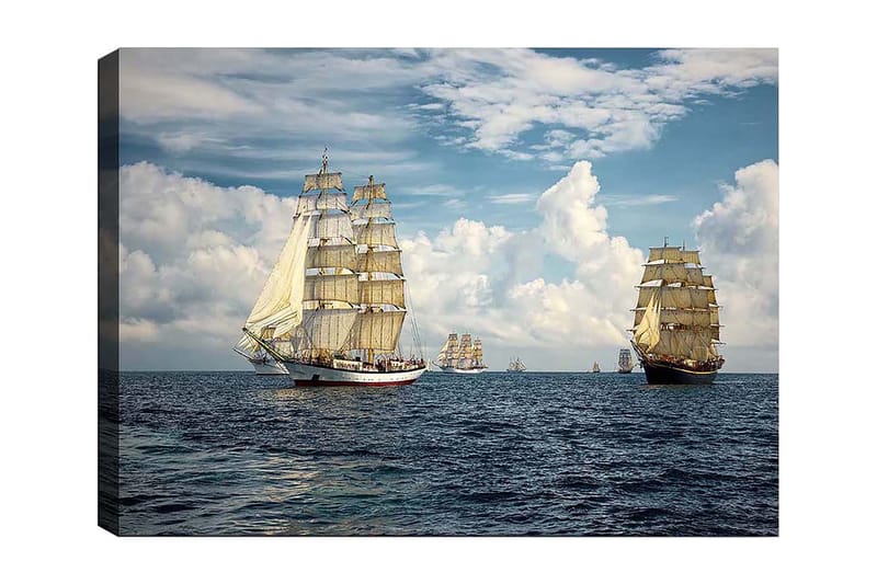 Canvas taulu 70x100 cm - Purjeveneet navigoivat avomerellä kirkkaan taivaan alla, Sininen / Valkoinen / Beige