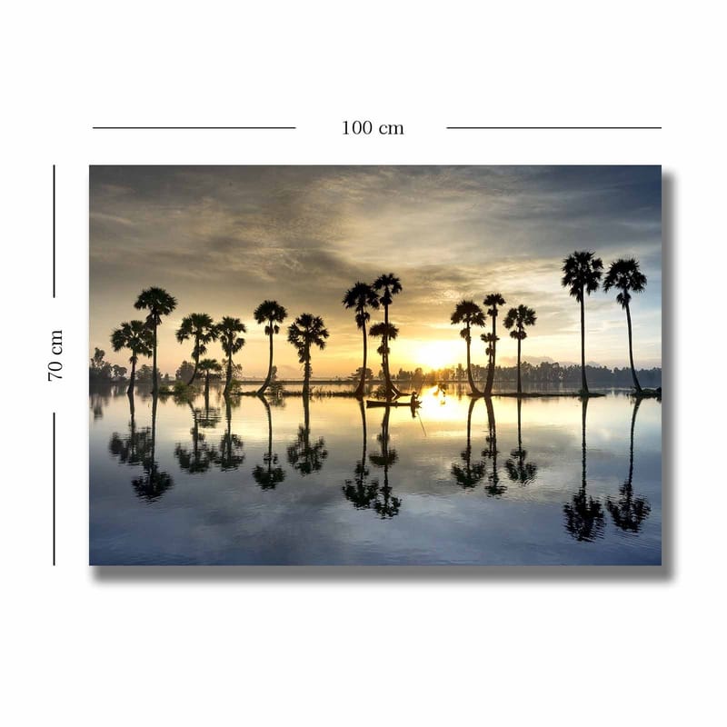 Canvas taulu 70x100 cm - Palmujen siluetit peilimäisen järven rannalla auringonlaskun aikaan - Kulta / Sininen / Musta - Sisustustuotteet - Taulu & taide - Canvas-taulu